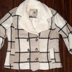 Womens Cozy Plaid Teddy Jacket in Cream and Black